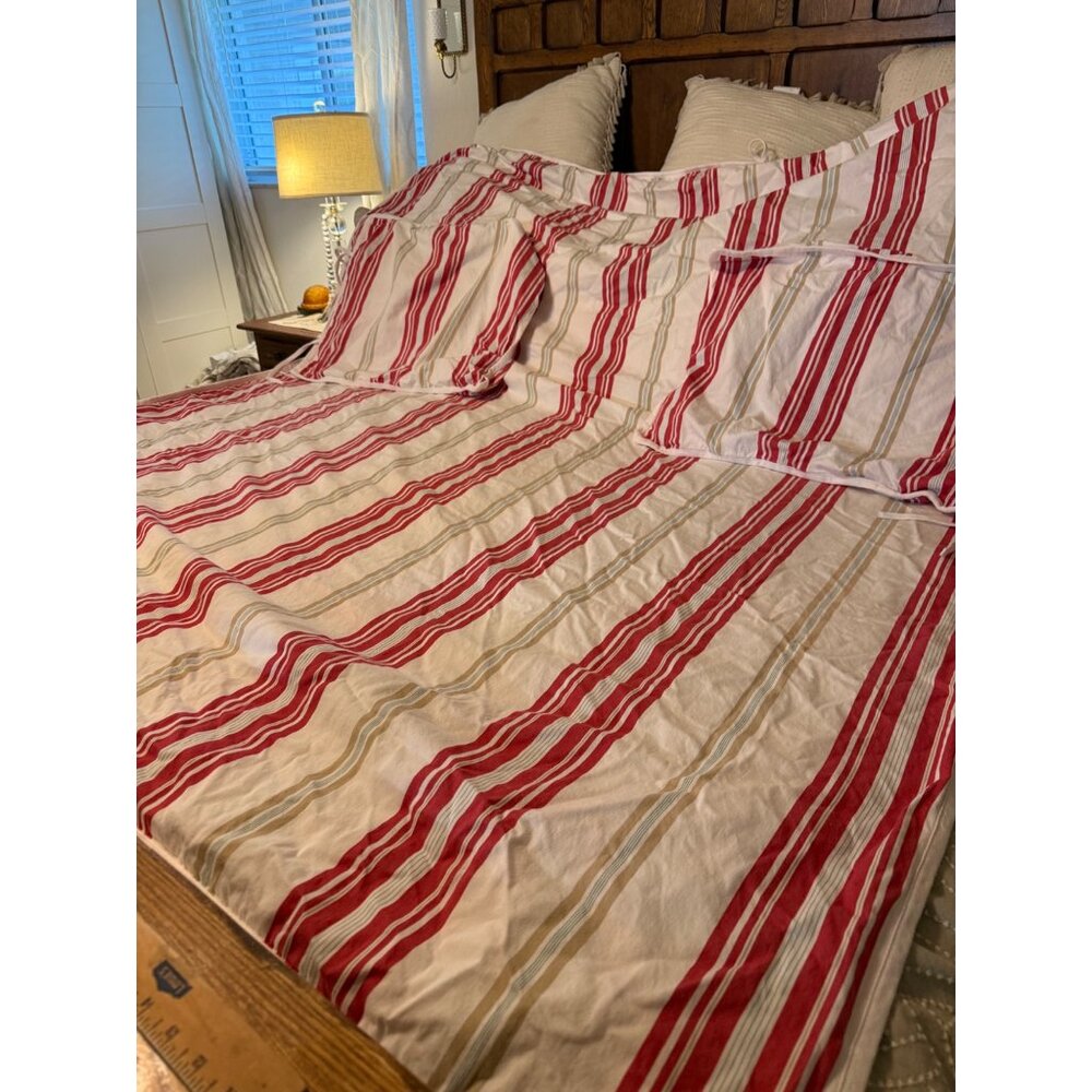 Pottery Barn Striped Duvet Cover Set F/Q  Cotton Tie back Coastal cottage heavy